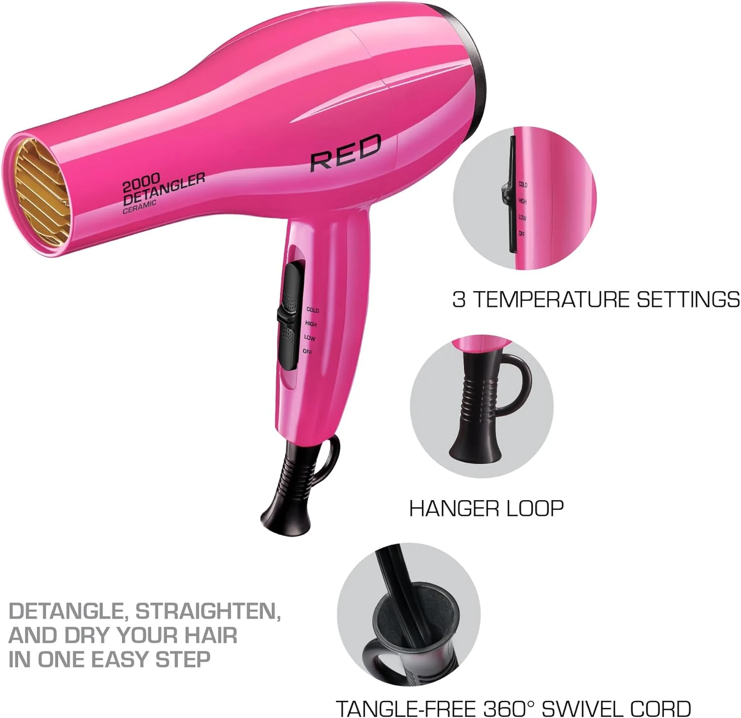 RED by KISS 2000 Ceramic Detangler Dryer Pink - Image 3